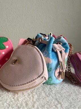 Pink Heart Coin Purse Keychain with Blue Floral Drawstring Pouch